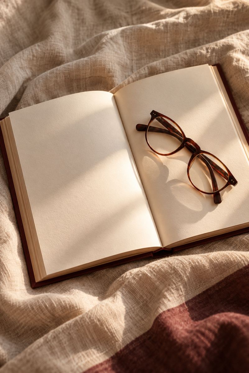 Livro aberto com óculos sobre uma manta de linho