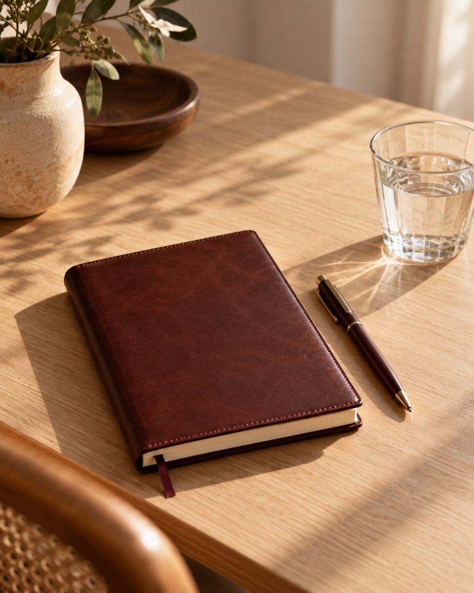Caderno de couro e caneta sobre uma mesa clara
