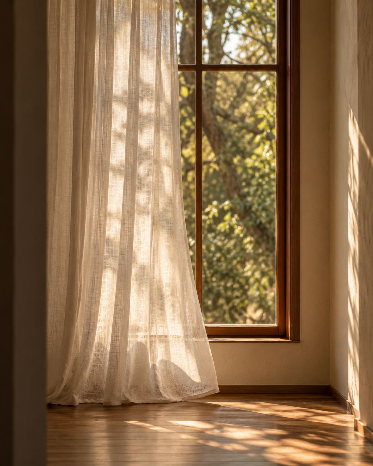 Janela alta com cortina de linho e luz dourada